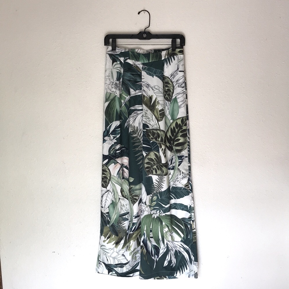 Green Tropical Leaf Print Wide Leg Pants Trousers - S